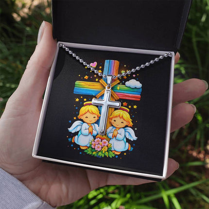 Rainbow Cross Angel Twins | Christian Cross Necklace | Gift for Kids