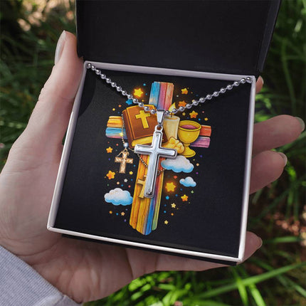 Rainbow Cross Bible And Cross | Christian Cross Necklace | Gift for Kids