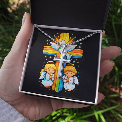 Rainbow Cross Angels And Dove | Christian Cross Necklace | Gift for Kids