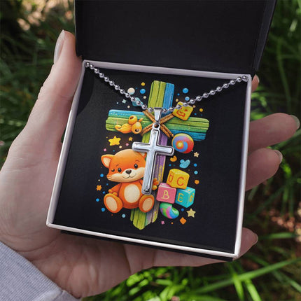 Rainbow Cross Little Fox | Christian Cross Necklace | Gift for Kids