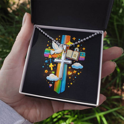 Rainbow Cross Open Bible | Christian Cross Necklace | Gift for Kids