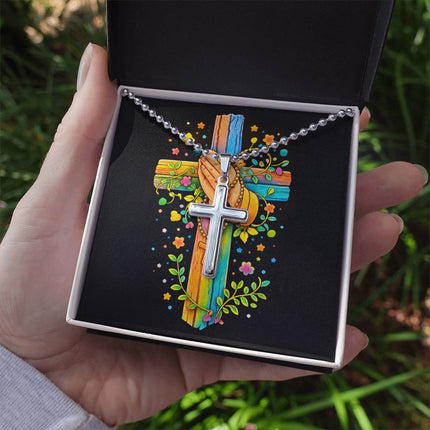 Rainbow Cross Praying Hands | Christian Cross Necklace | Gift for Kids