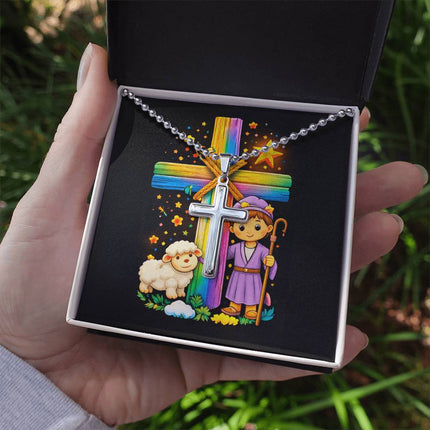 Rainbow Cross Little Shepherd | Christian Cross Necklace | Gift for Kids