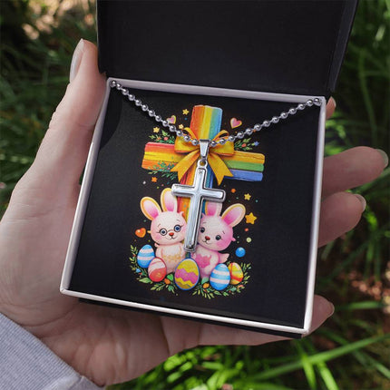 Rainbow Cross Bunnies | Christian Cross Necklace | Gift for Kids