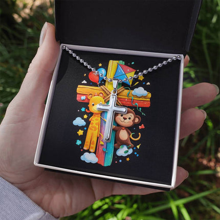 Rainbow Cross Jungle Animals | Christian Cross Necklace | Gift for Kids