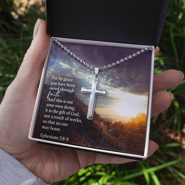 Ephesians 2:8-9 Cross Necklace | Saved by Grace Through Faith Gift