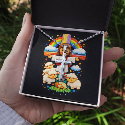 Jesus And Little Lambs | Christian Cross Necklace | Gift for Kids