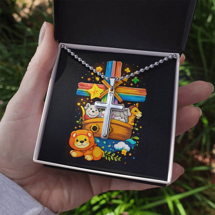Rainbow Cross Noahs Ark | Christian Cross Necklace | Gift for Kids