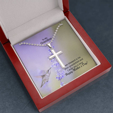 Polished stainless steel cross necklace with ball chain displayed in a luxury gift box with a To My Grandma I Am Blessed to Be Your Grandchild Happy Mother's Day message card and hummingbird lavender background.