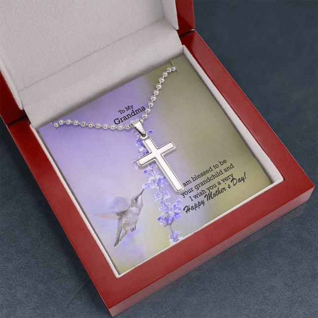 Polished stainless steel cross necklace with ball chain displayed in a luxury gift box with a To My Grandma I Am Blessed to Be Your Grandchild Happy Mother's Day message card and hummingbird lavender background.