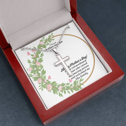 Polished stainless steel cross necklace with ball chain displayed in a luxury gift box with a Dearest Mother-in-Law Happy Mother's Day message card and watercolor floral wreath background.