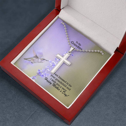 Polished stainless steel cross necklace with ball chain displayed in a luxury gift box with a To My Grandma I Am Blessed to Be Your Grandchild Happy Mother's Day message card and hummingbird lavender background.