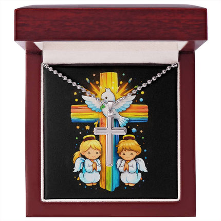 Rainbow Cross Angels And Dove | Christian Cross Necklace | Gift for Kids