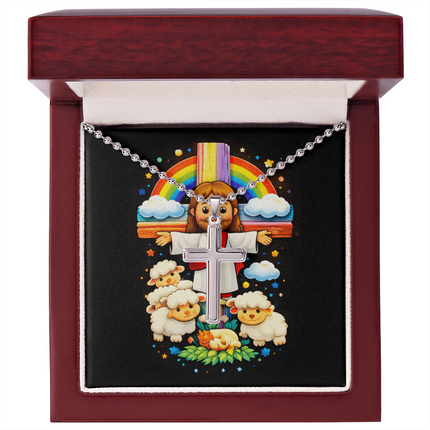 Jesus And Little Lambs | Christian Cross Necklace | Gift for Kids