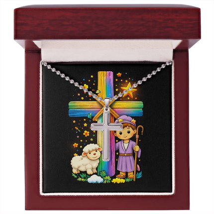Rainbow Cross Little Shepherd | Christian Cross Necklace | Gift for Kids