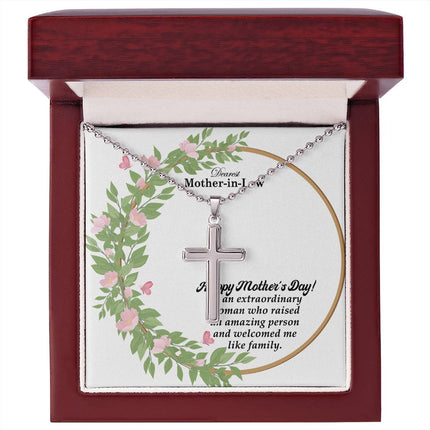 Polished stainless steel cross necklace with ball chain displayed in a luxury gift box with a Dearest Mother-in-Law Happy Mother's Day message card and watercolor floral wreath background.