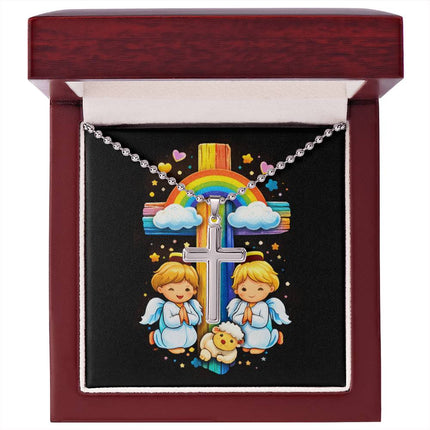 Rainbow Cross Cherub Angels | Christian Cross Necklace | Gift for Kids