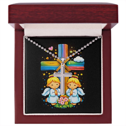 Rainbow Cross Angel Twins | Christian Cross Necklace | Gift for Kids