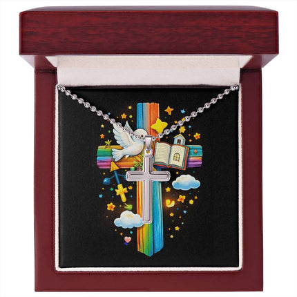 Rainbow Cross Open Bible | Christian Cross Necklace | Gift for Kids