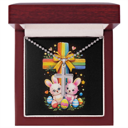 Rainbow Cross Bunnies | Christian Cross Necklace | Gift for Kids