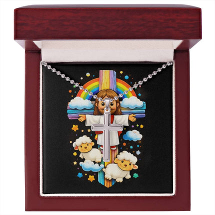 Rainbow Cross Jesus And Lamb | Christian Cross Necklace | Gift for Kids