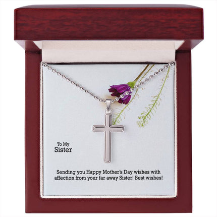 Polished stainless steel cross necklace with ball chain displayed in a luxury gift box with a To My Sister Sending Happy Mother's Day Wishes message card and purple wildflower background.