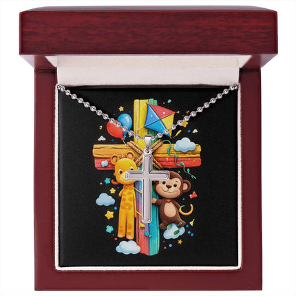 Rainbow Cross Jungle Animals | Christian Cross Necklace | Gift for Kids