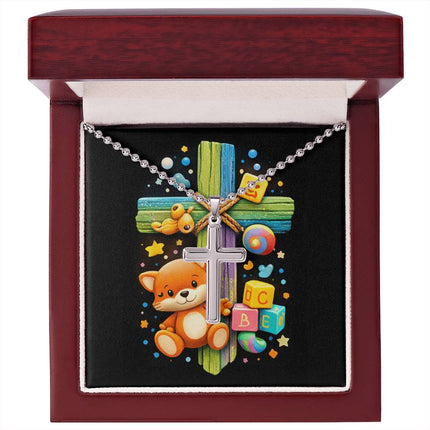 Rainbow Cross Little Fox | Christian Cross Necklace | Gift for Kids