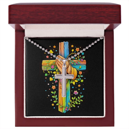 Rainbow Cross Praying Hands | Christian Cross Necklace | Gift for Kids