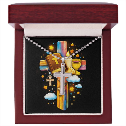 Rainbow Cross Bible And Cross | Christian Cross Necklace | Gift for Kids