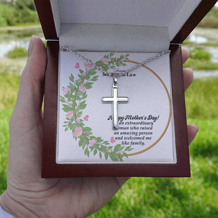 Polished stainless steel cross necklace with ball chain displayed in a luxury gift box with a Dearest Mother-in-Law Happy Mother's Day message card and watercolor floral wreath background.