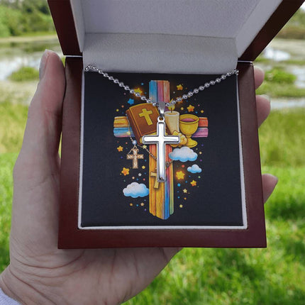 Rainbow Cross Bible And Cross | Christian Cross Necklace | Gift for Kids