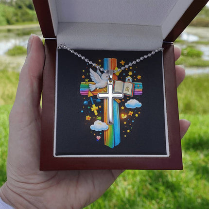 Rainbow Cross Open Bible | Christian Cross Necklace | Gift for Kids