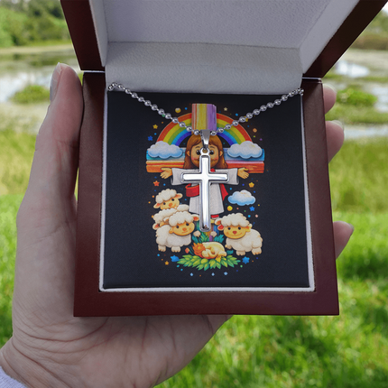 Jesus And Little Lambs | Christian Cross Necklace | Gift for Kids