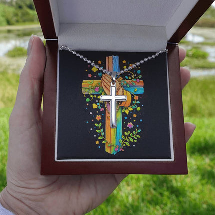 Rainbow Cross Praying Hands | Christian Cross Necklace | Gift for Kids