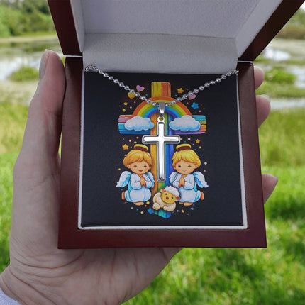 Rainbow Cross Cherub Angels | Christian Cross Necklace | Gift for Kids