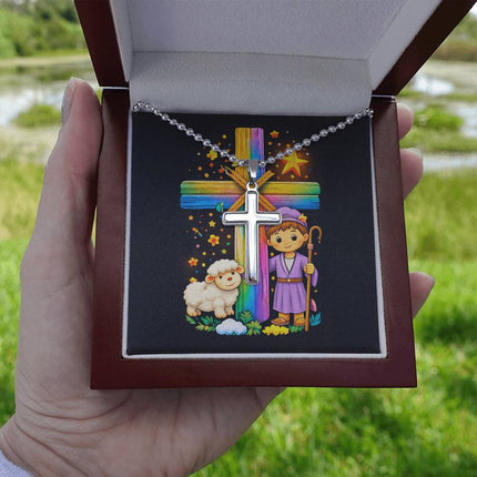 Rainbow Cross Little Shepherd | Christian Cross Necklace | Gift for Kids