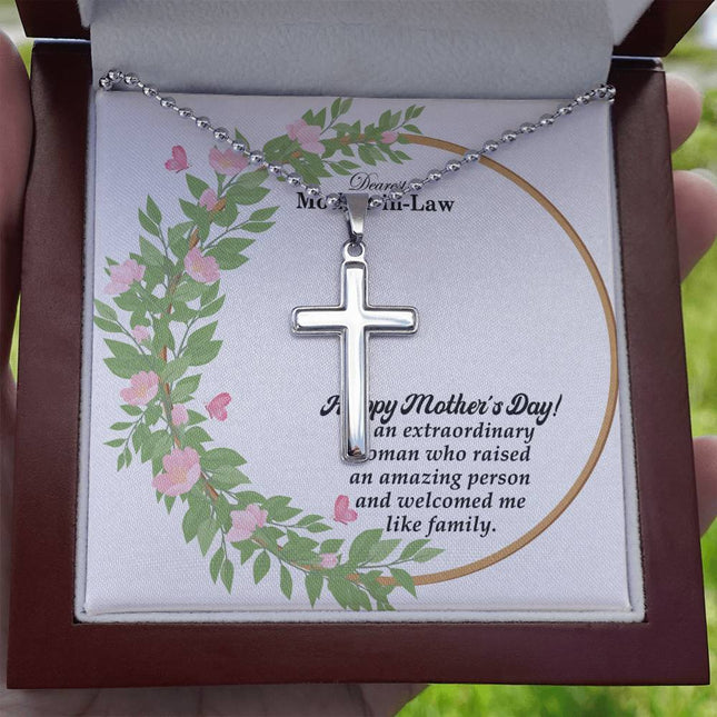 Christian cross necklace with "Dearest Mother-in-Law You Raised an Amazing Person and Welco" message — modern Mother's Day gift for mother-in-law, in luxury gift box