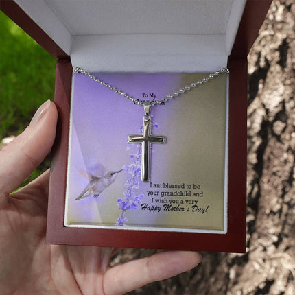 Polished stainless steel cross necklace with ball chain displayed in a luxury gift box with a To My Grandma I Am Blessed to Be Your Grandchild Happy Mother's Day message card and hummingbird lavender background.