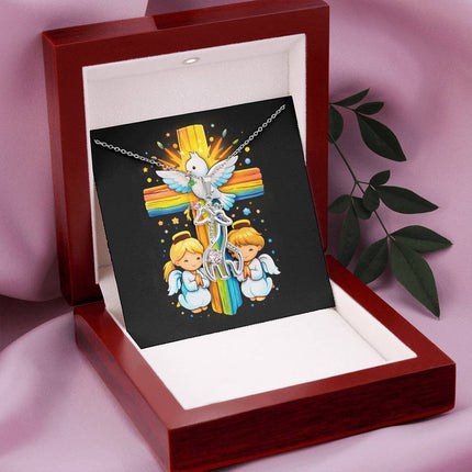 Rainbow Cross Angels And Dove | Christian Giraffe Necklace | Gift for Kids
