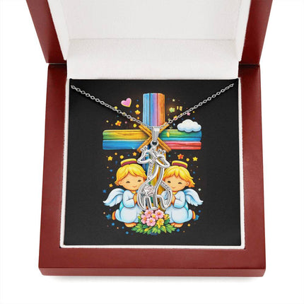 Rainbow Cross Angel Twins | Christian Giraffe Necklace | Gift for Kids
