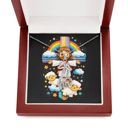 Rainbow Cross Jesus And Lamb | Christian Giraffe Necklace | Gift for Kids