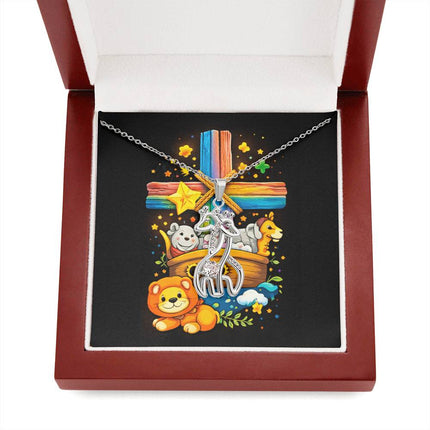 Rainbow Cross Noahs Ark | Christian Giraffe Necklace | Gift for Kids