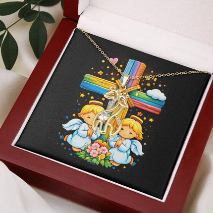 Rainbow Cross Angel Twins | Christian Giraffe Necklace | Gift for Kids