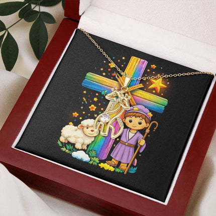 Rainbow Cross Little Shepherd | Christian Giraffe Necklace | Gift for Kids