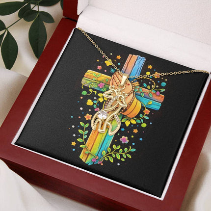 Rainbow Cross Praying Hands | Christian Giraffe Necklace | Gift for Kids