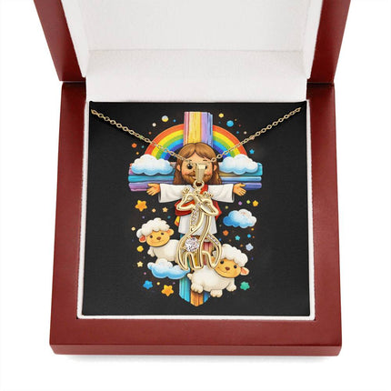 Rainbow Cross Jesus And Lamb | Christian Giraffe Necklace | Gift for Kids