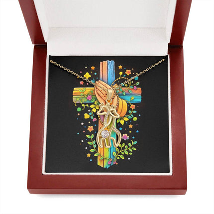 Rainbow Cross Praying Hands | Christian Giraffe Necklace | Gift for Kids