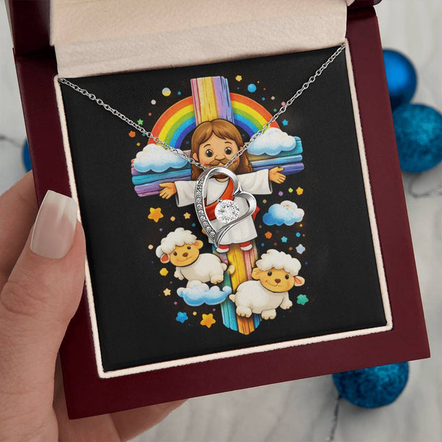 Rainbow Cross Jesus And Lamb | Christian Forever Love Necklace | Gift for Kids