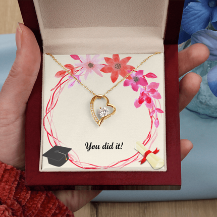 Forever love heart necklace graduation gift with message card that says “You did it!” in floral design